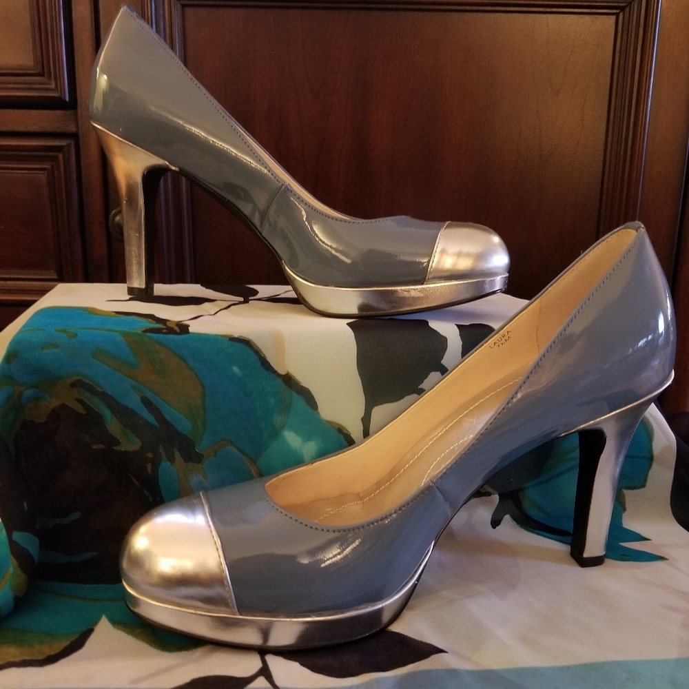 Tahari Blue and Silver Platform Pumps